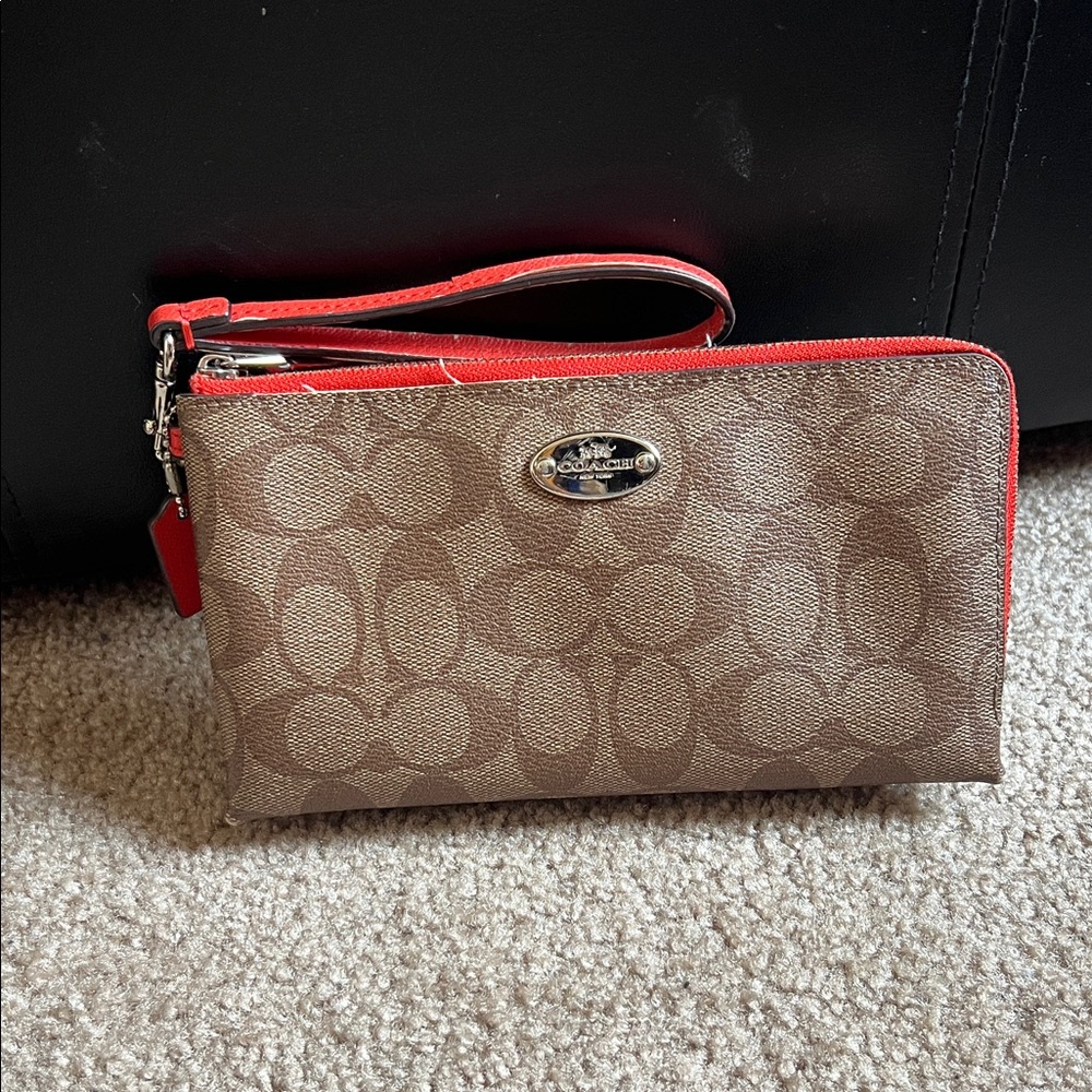 Coach Signature Brown and Orange Wristlet